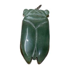 Vtg Jade Cicada Scarab Beetle Pendant Shanghai Tang Artisan Carved Statement 3"